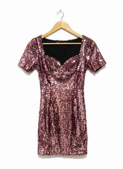 ZARA|S|BUST 15|PINK SEQUIN SWEETHEART NECKLINE MINI DRESS