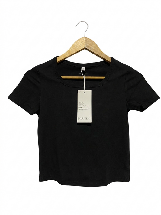 MIANZHI |M| BUST 15| B27| WOMEN'S PREMIUM SOLID BLACK CROP TEE – ECO-FRIENDLY COTTON BASIC SHORT SLEEVE SHIRT