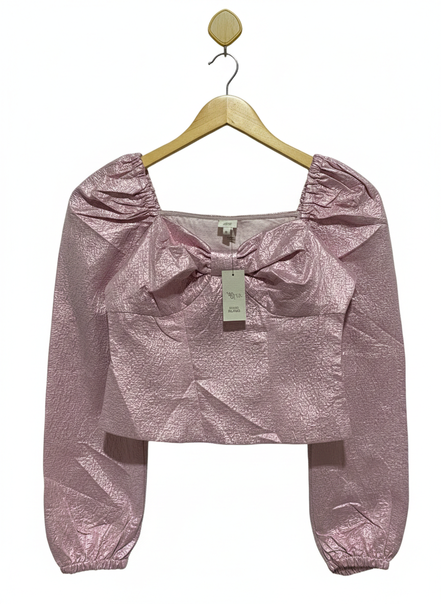 RIVER ISLAND |M| BUST 16|C2|METALLIC PINK TEXTURED BOW-FRONT CROP TOP WITH PUFF SLEEVES