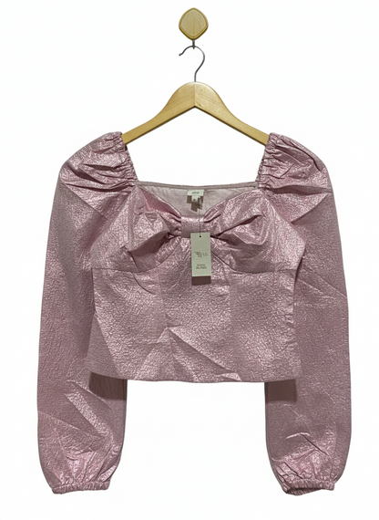 RIVER ISLAND |M| BUST 16|C2|METALLIC PINK TEXTURED BOW-FRONT CROP TOP WITH PUFF SLEEVES