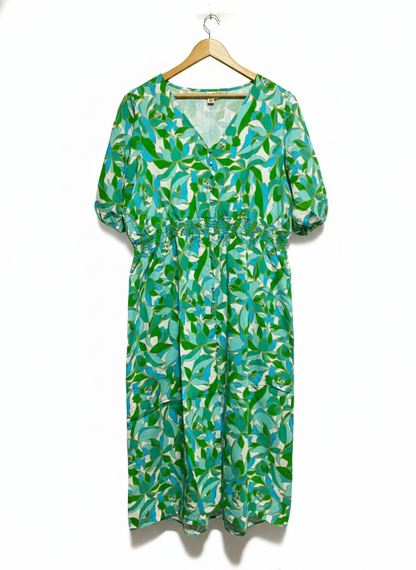 BEME|XL|BUST 23|GREEN AND BLUE LEAF PRINT MIDI DRESS