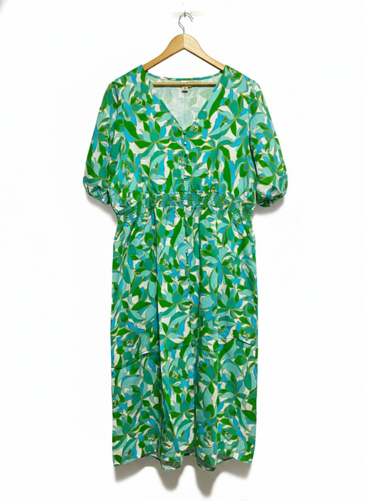 BEME|XL|BUST 23|GREEN AND BLUE LEAF PRINT MIDI DRESS