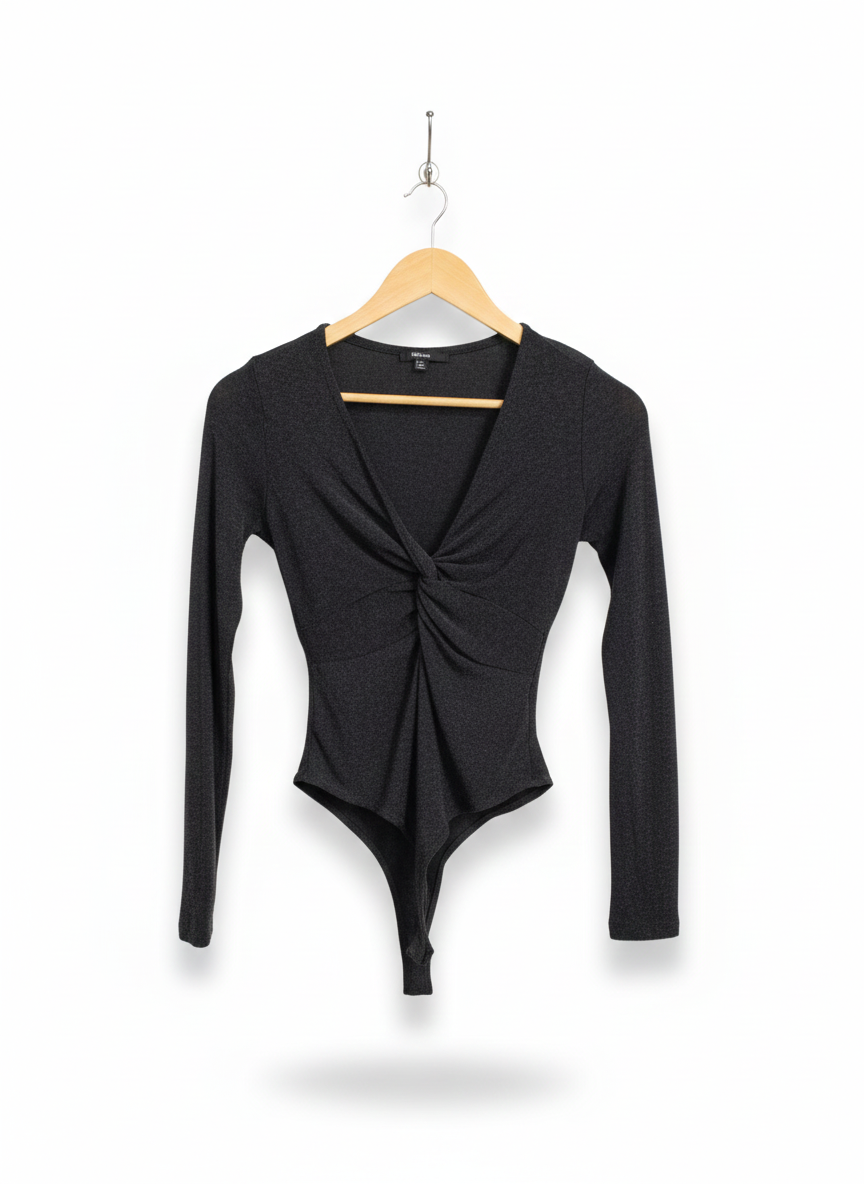 BIASHE|M|BUST 14|CHARCOAL TWIST-FRONT V-NECK LONG SLEEVE BODYSUIT