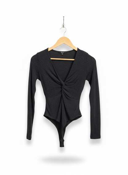 BIASHE|M|BUST 14|CHARCOAL TWIST-FRONT V-NECK LONG SLEEVE BODYSUIT