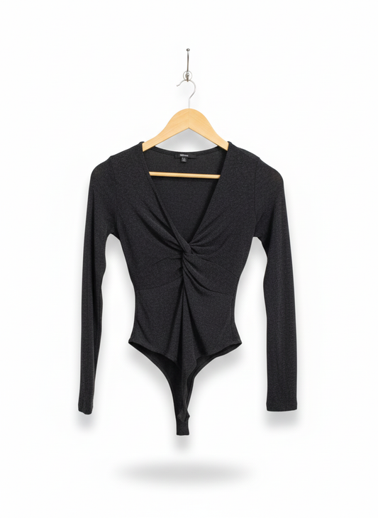 BIASHE|M|BUST 14|CHARCOAL TWIST-FRONT V-NECK LONG SLEEVE BODYSUIT