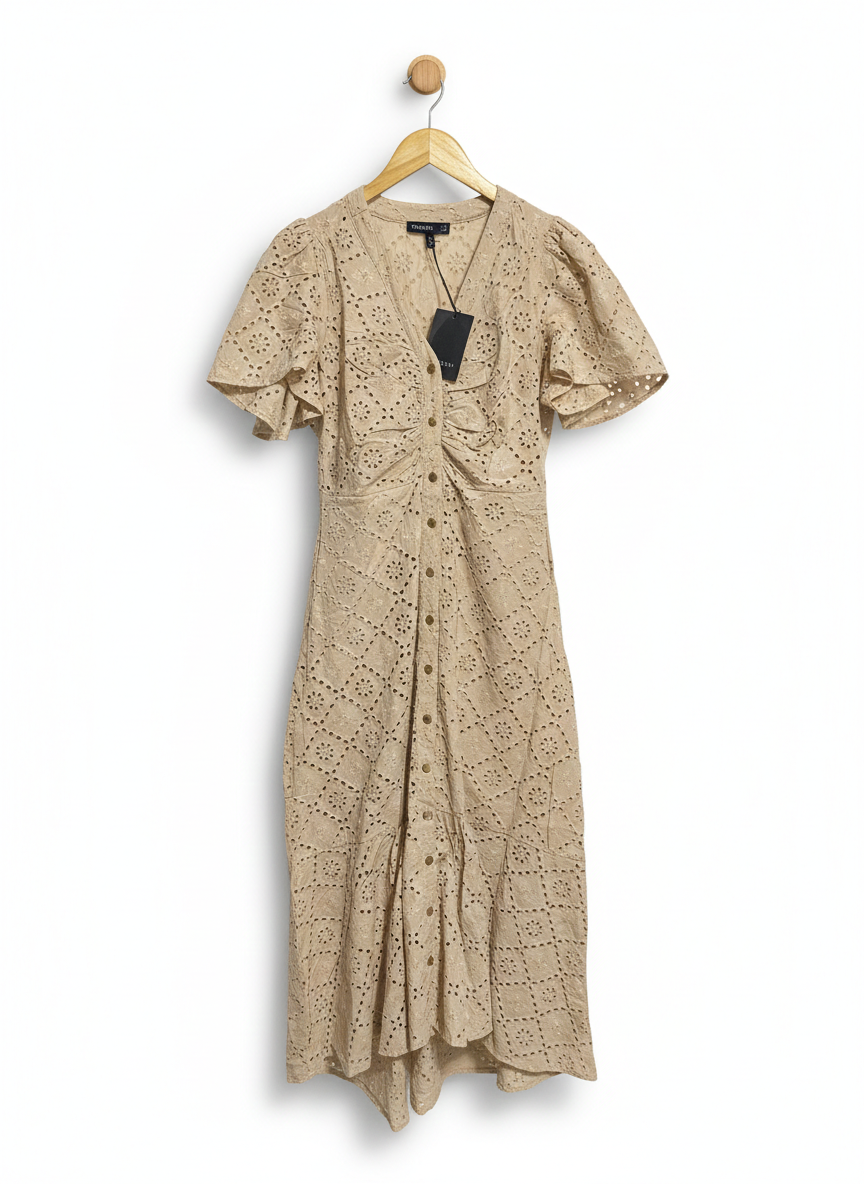 DECJUBA |M| BUST 18| WOMEN’S V-NECK EYELET LACE MIDI DRESS - ELEGANT BEIGE EMBROIDERED ANGLAISE
