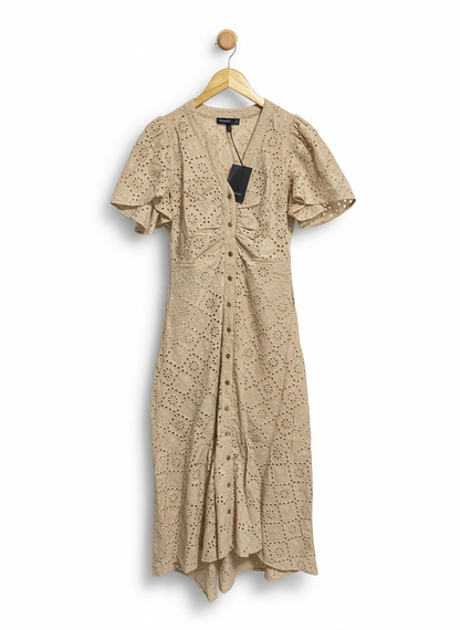 DECJUBA |M| BUST 18| WOMEN’S V-NECK EYELET LACE MIDI DRESS - ELEGANT BEIGE EMBROIDERED ANGLAISE