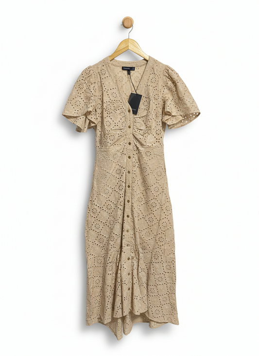 DECJUBA |M| BUST 18| WOMEN’S V-NECK EYELET LACE MIDI DRESS - ELEGANT BEIGE EMBROIDERED ANGLAISE