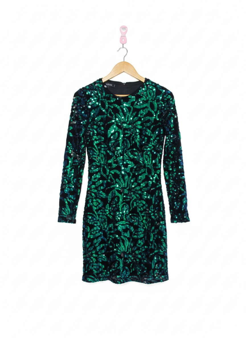 PARISIAN|M|BUST 15|QUIZ GREEN BLACK ALL OVER SEQUIN BODYCON DRESS