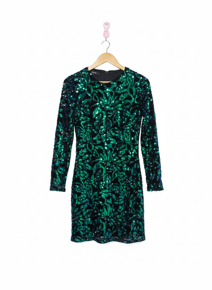 PARISIAN|M|BUST 15|QUIZ GREEN BLACK ALL OVER SEQUIN BODYCON DRESS