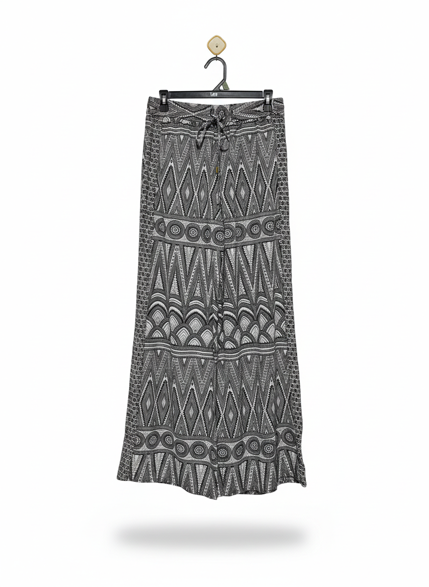 H&M |L| WAIST 30| WOMEN’S BLACK AND WHITE GEOMETRIC PRINT PALAZZO PANTS - BOHO WIDE-LEG TROUSERS WITH TASSEL DETAIL