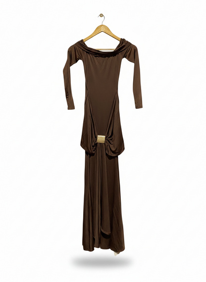 MUSERA |XS| BUST 13| ELEGANT CHOCOLATE BROWN OFF-THE-SHOULDER MAXI DRESS