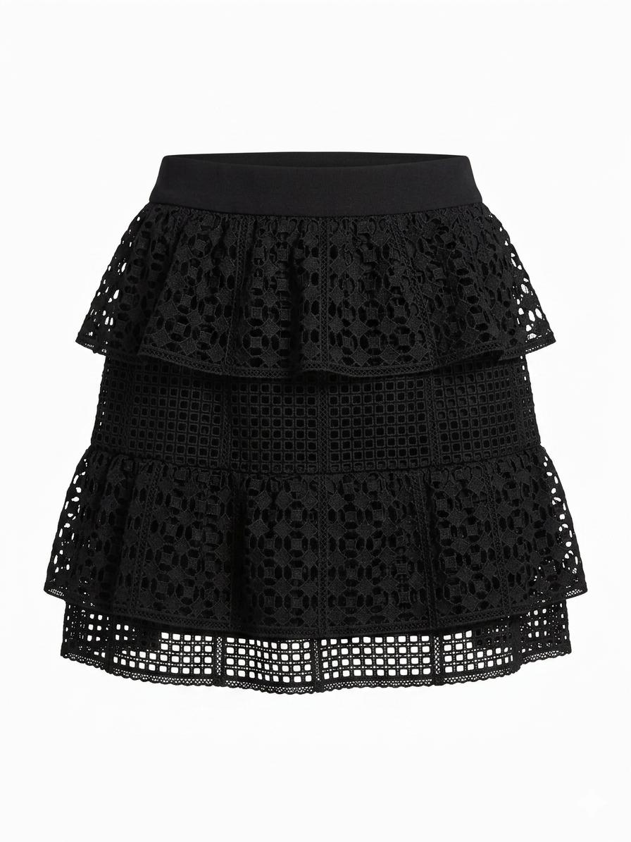 KOOKAI |S| WAIST 26| B11|  BLACK LACE TIERED MINI SKIRT - ELEGANT BOHO STYLE