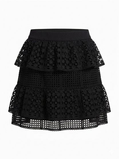 KOOKAI |S| WAIST 26| B11|  BLACK LACE TIERED MINI SKIRT - ELEGANT BOHO STYLE