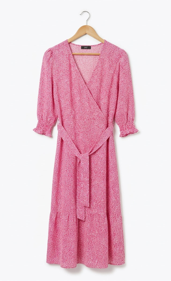 F&F |M| BUST 18| B7| ELEGANT PINK DITSY FLORAL WRAP-STYLE MIDI DRESS WITH WAIST TIE