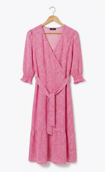 F&F |M| BUST 18| B7| ELEGANT PINK DITSY FLORAL WRAP-STYLE MIDI DRESS WITH WAIST TIE