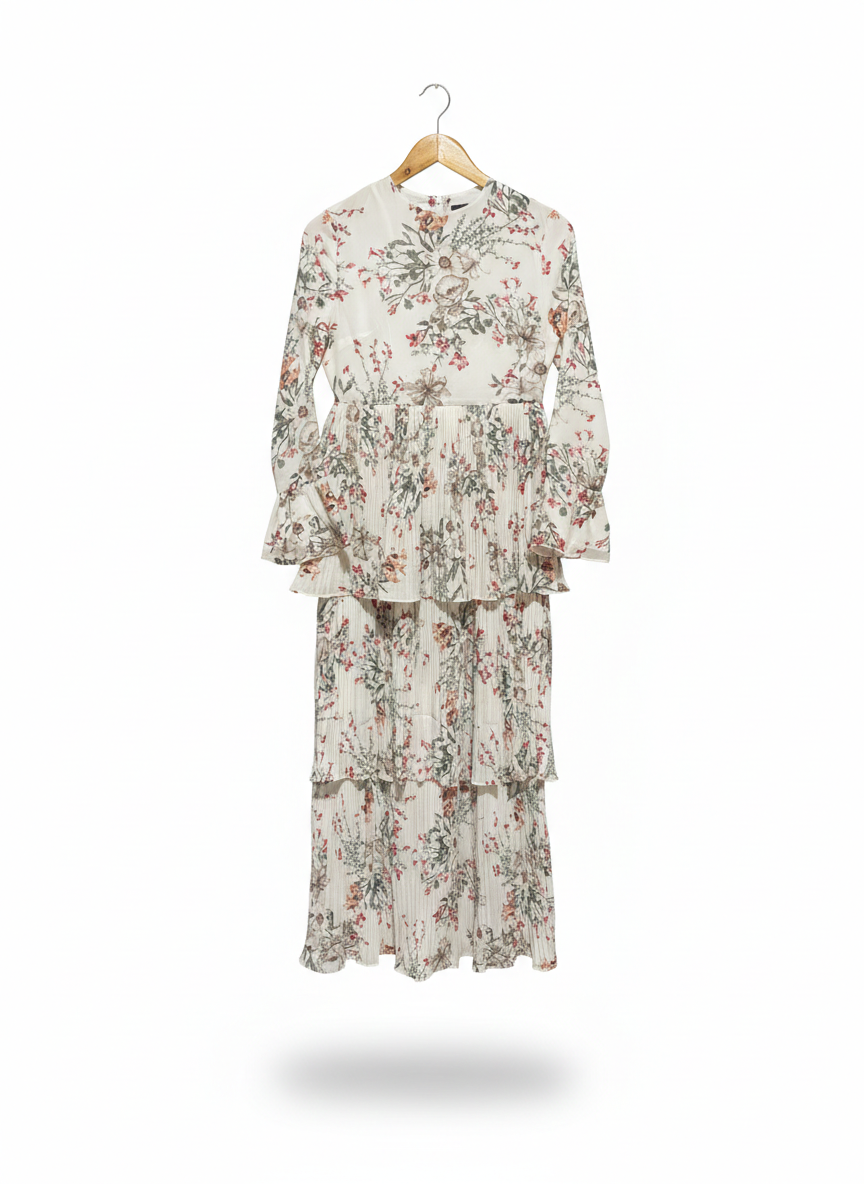 HIJAB HOUSE |M| BUST 16|C4|ELEGANT AND WHIMSICAL LONG-SLEEVE MAXI DRESS WITH DELICATE FLORAL PRINT AND TIERED PLEATED HEM