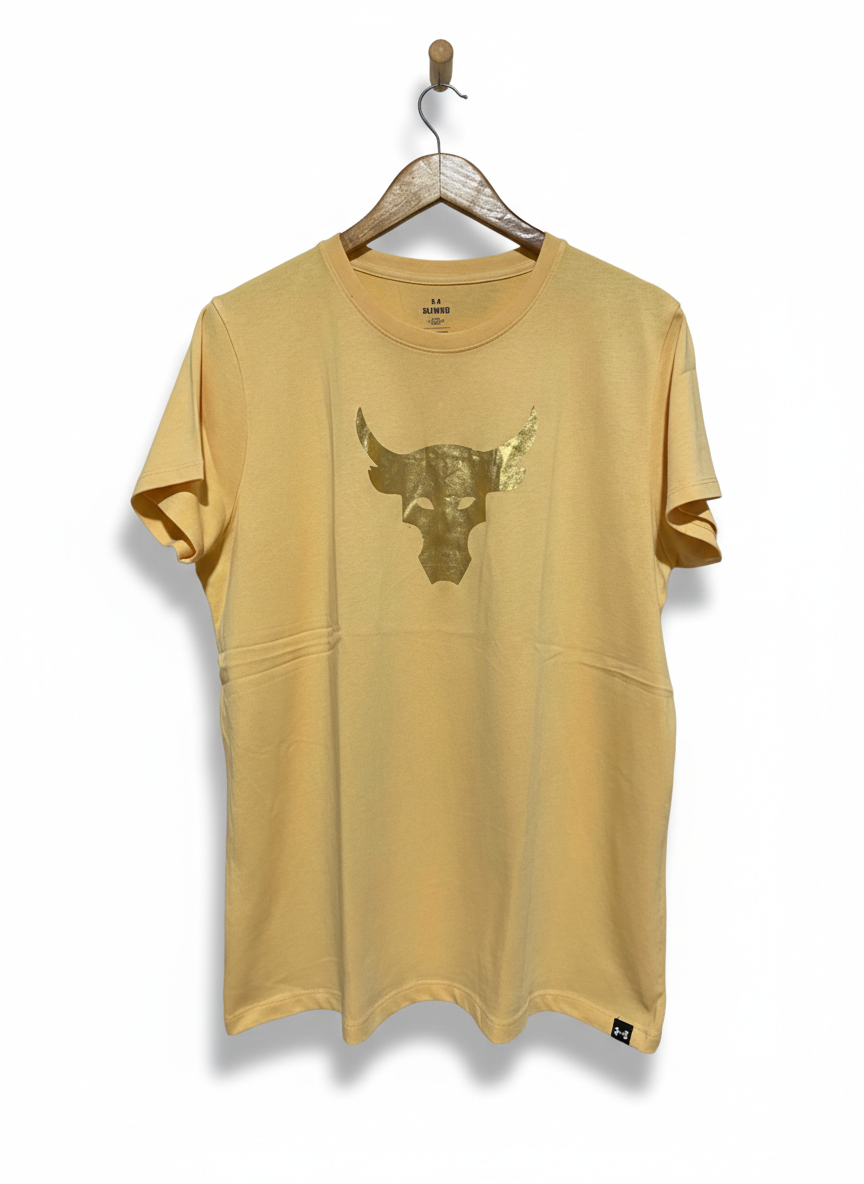 UNDER ARMOUR |XL| BUST 23| PROJECT ROCK WOMEN’S GRAPHIC T-SHIRT - PALE YELLOW SHORT SLEEVE TEE