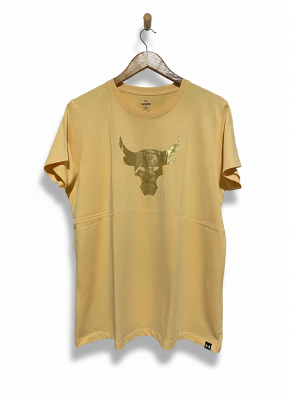 UNDER ARMOUR |XL| BUST 23| PROJECT ROCK WOMEN’S GRAPHIC T-SHIRT - PALE YELLOW SHORT SLEEVE TEE
