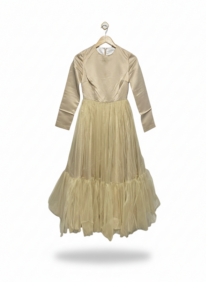 |M| BUST 15| LUXE CHAMPAGNE SATIN AND TULLE MAXI GOWN