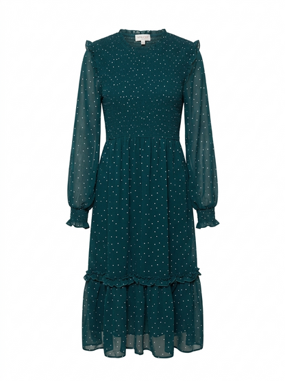 APRICOT |M| BUST 15 | B9| TEAL POLKA DOT SMOCKED MIDI DRESS