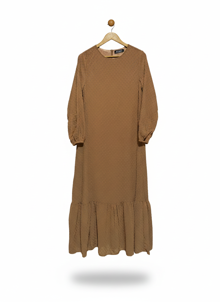 ABAYA HOUSE |S| BUST 17| C3| CARAMEL SWISS DOT MAXI DRESS