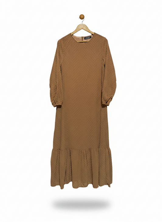 ABAYA HOUSE |S| BUST 17| CARAMEL SWISS DOT MAXI DRESS