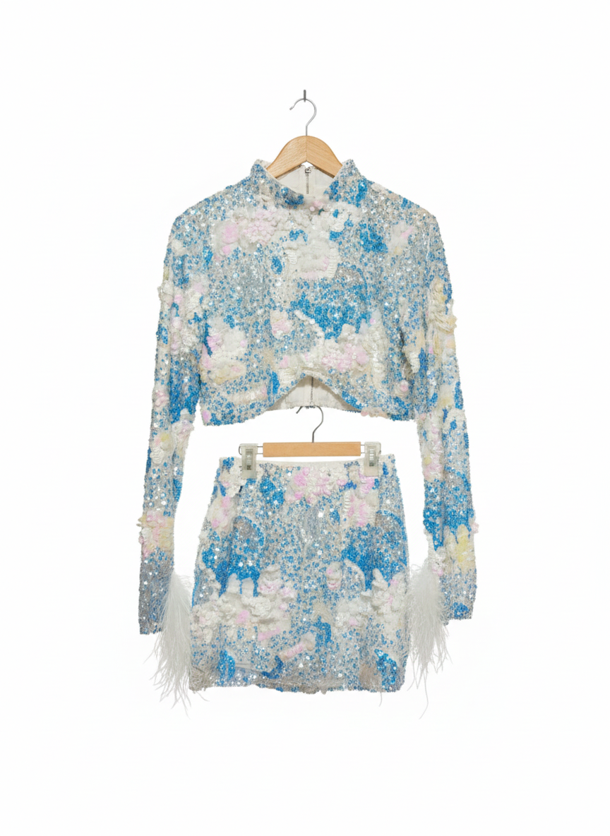 LOUD FASHION|L|BUST 18|SEQUINNED CROPPED JACKET AND MINI SKIRT CO-ORD SET WITH WHITE FEATHER