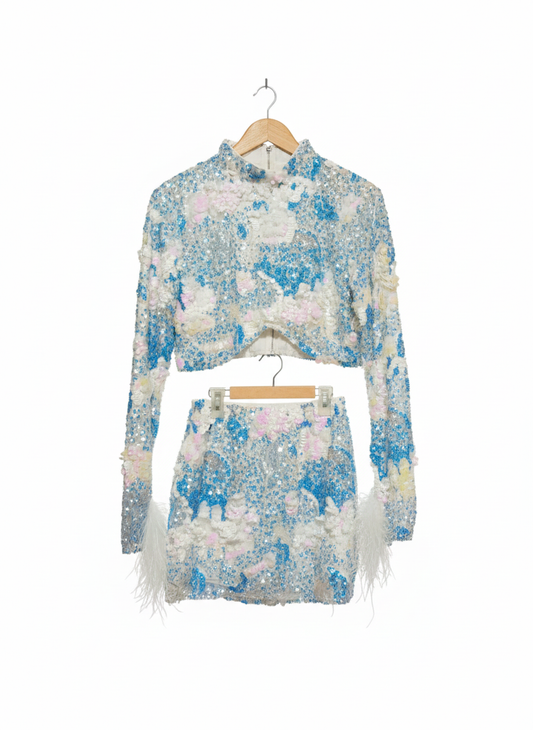 LOUD FASHION|L|BUST 18|SEQUINNED CROPPED JACKET AND MINI SKIRT CO-ORD SET WITH WHITE FEATHER