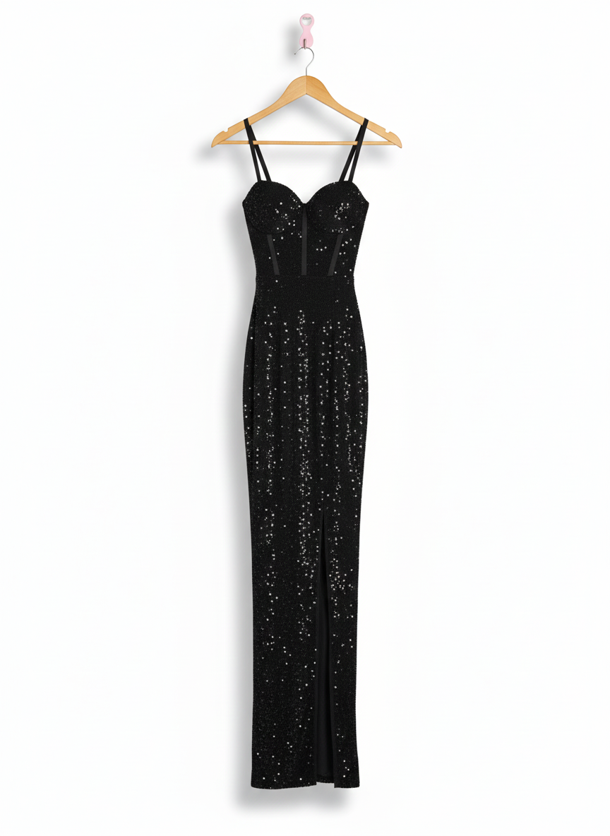 WINDSOR|S|BUST 11|BLACK SEQUIN CORSET MAXI DRESS WITH HIGH SLIT