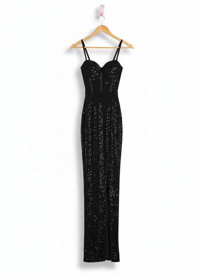 WINDSOR|S|BUST 11|BLACK SEQUIN CORSET MAXI DRESS WITH HIGH SLIT