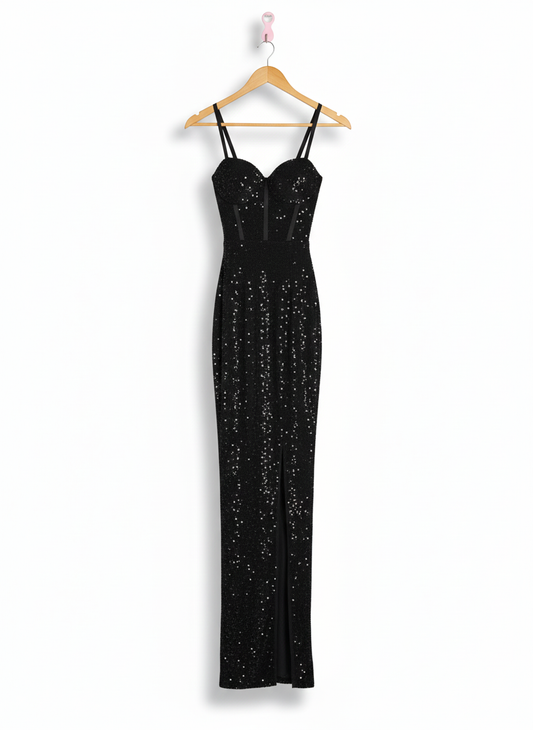 WINDSOR|S|BUST 11|BLACK SEQUIN CORSET MAXI DRESS WITH HIGH SLIT