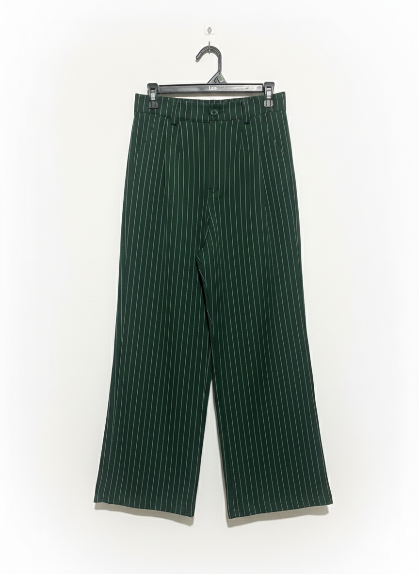 WOMEN'S HIGH-WAISTED WIDE-LEG TROUSERS - HUNTER GREEN PINSTRIPE |XS/S| WAIST 26|
