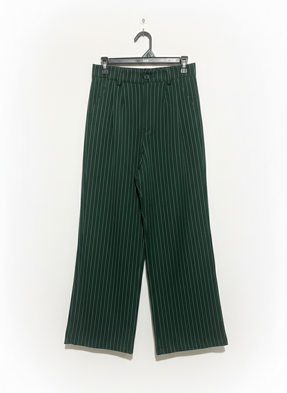 WOMEN'S HIGH-WAISTED WIDE-LEG TROUSERS - HUNTER GREEN PINSTRIPE |XS/S| WAIST 26|