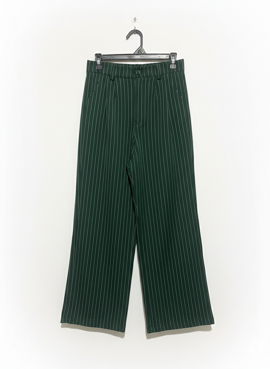 WOMEN'S HIGH-WAISTED WIDE-LEG TROUSERS - HUNTER GREEN PINSTRIPE |XS/S| WAIST 26|