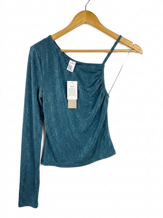 ANKO |S| BUST 13| B11|  GLITTER ONE-SHOULDER RUCHED TOP IN TEAL