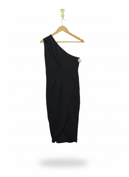 BOOHOO|L/XL|BUST 18|BLACK ONE-SHOULDER DRAPED TULIP HEM MIDI DRESS.