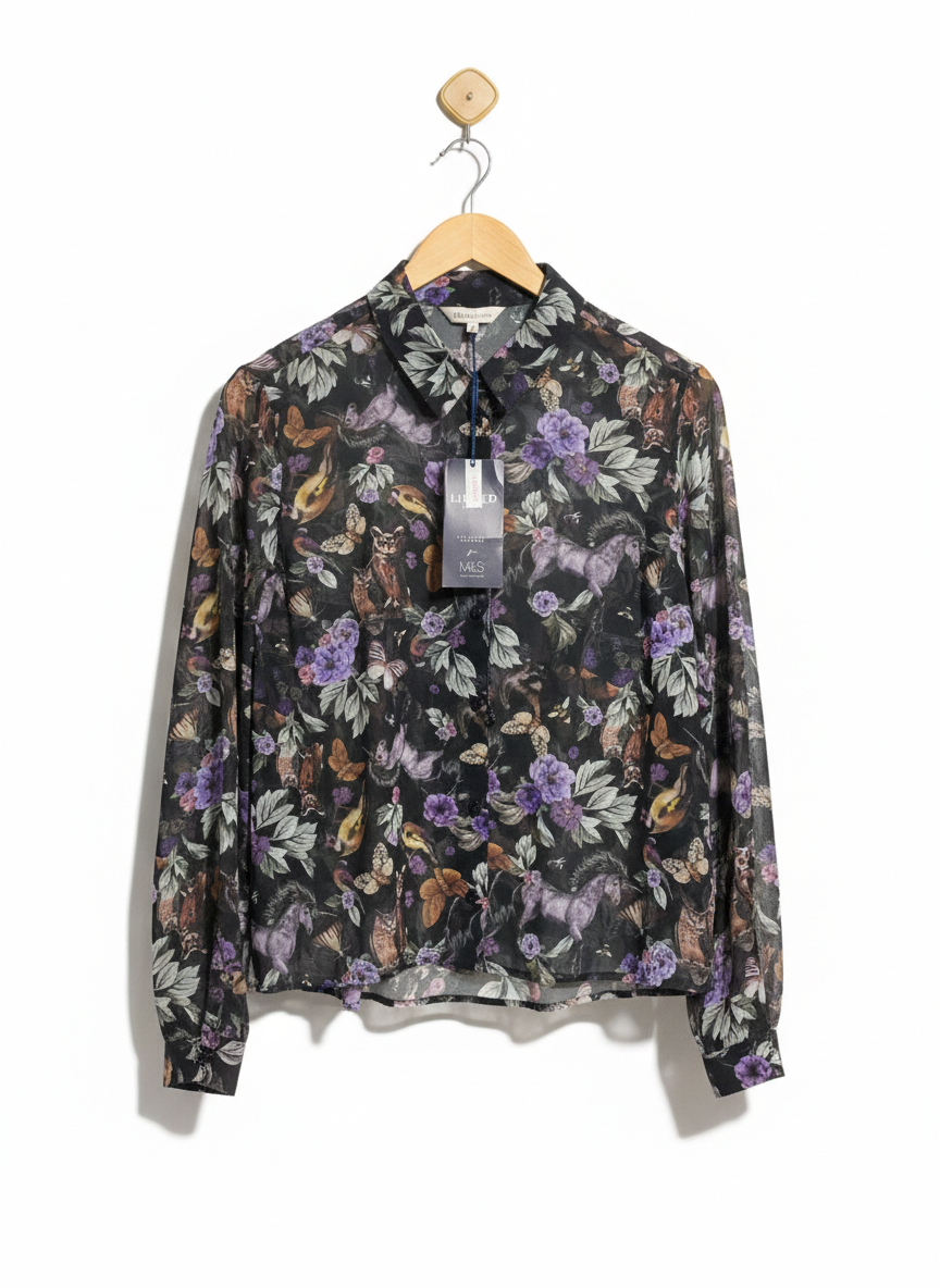 M&S LIMITED EDITION FLORAL & ANIMAL WHIMSY BLOUSE |L| BUST 22|