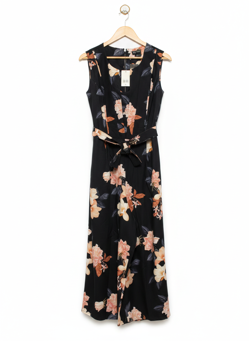 CITY CHIC |S| BUST 20| SLEEVELESS BLACK FLORAL WIDE-LEG JUMPSUIT WITH BELTED WAIST