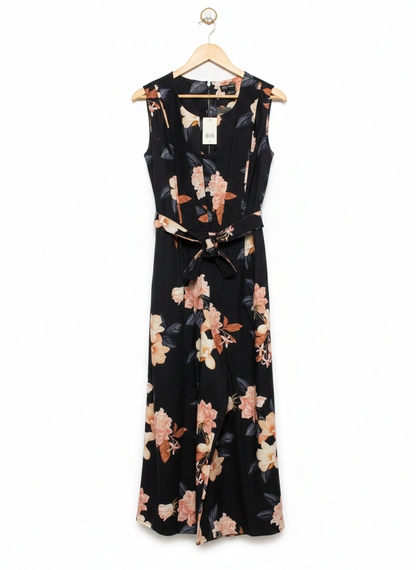 CITY CHIC |S| BUST 20| SLEEVELESS BLACK FLORAL WIDE-LEG JUMPSUIT WITH BELTED WAIST