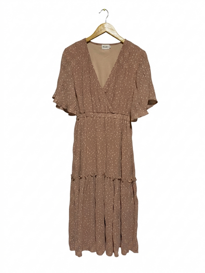 MY GIRL |M| BUST 18| B27| WOMEN'S MAUVE PINK DOTTED MIDI DRESS – SURPLICE V-NECK FLUTTER SLEEVE TIERED BOHO DRESS