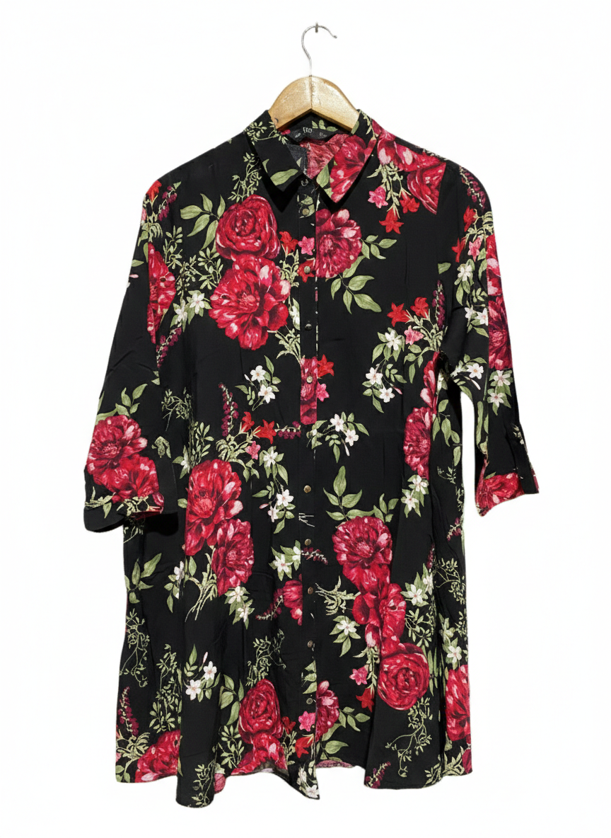 F&F |M| BUST 20|  WOMEN'S VINTAGE FLORAL SHIRT DRESS IN BLACK