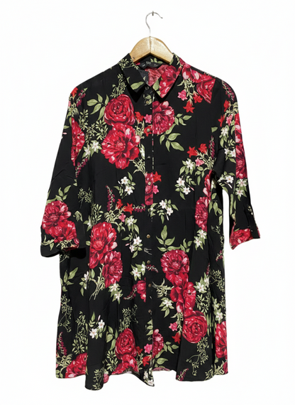 F&F |M| BUST 20|  WOMEN'S VINTAGE FLORAL SHIRT DRESS IN BLACK