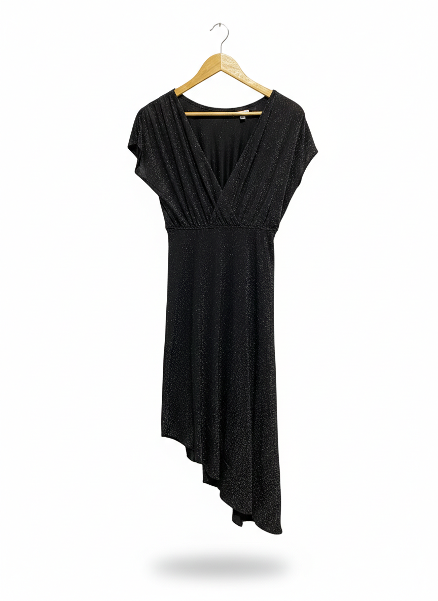 BLACK SHIMMER ASYMMETRIC V-NECK DRESS |M| BUST 15|