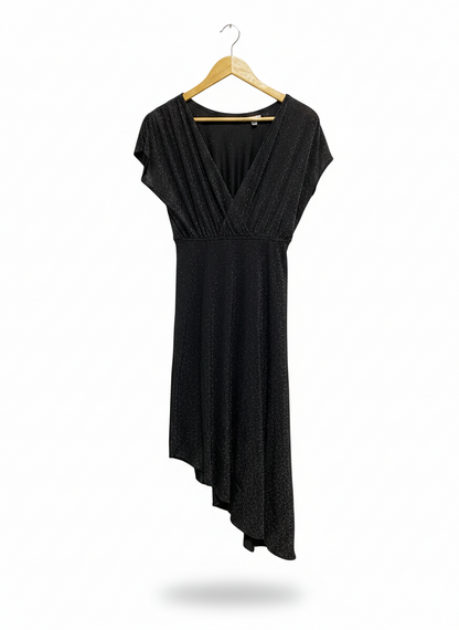 BLACK SHIMMER ASYMMETRIC V-NECK DRESS |M| BUST 15|