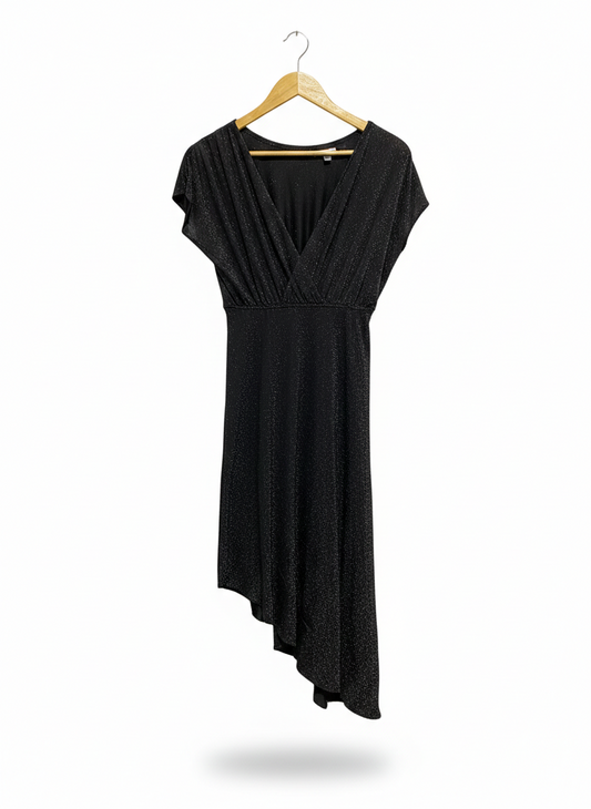 BLACK SHIMMER ASYMMETRIC V-NECK DRESS |M| BUST 15|