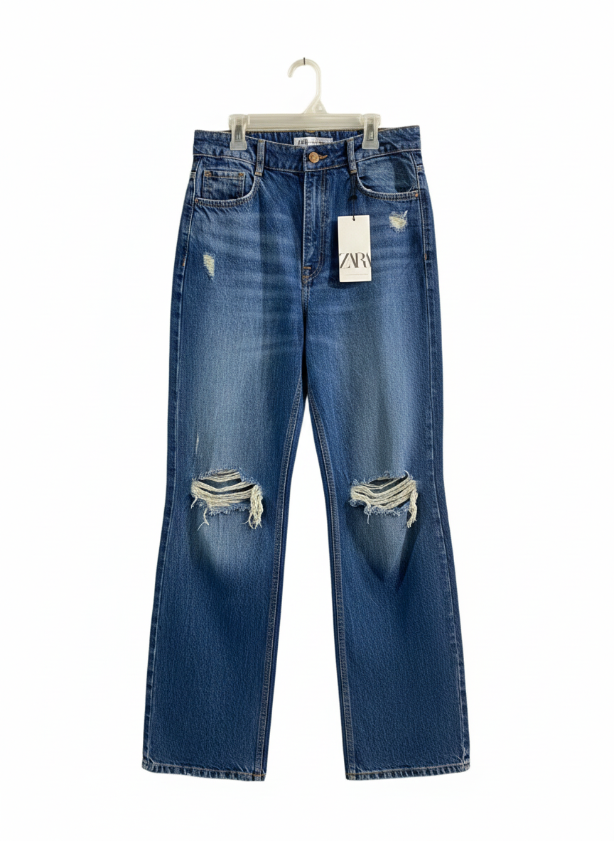 ZARA|M|WAIST 30|RIPPED WIDE-LEG JEANS