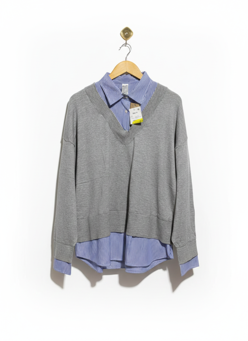 ANKO |XL| BUST 25| GREY V-NECK SWEATER WITH STRIPED SHIRT INSERT
