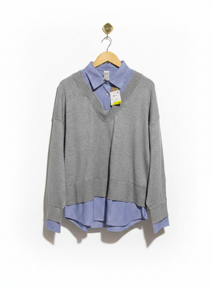 ANKO |XL| BUST 25| GREY V-NECK SWEATER WITH STRIPED SHIRT INSERT