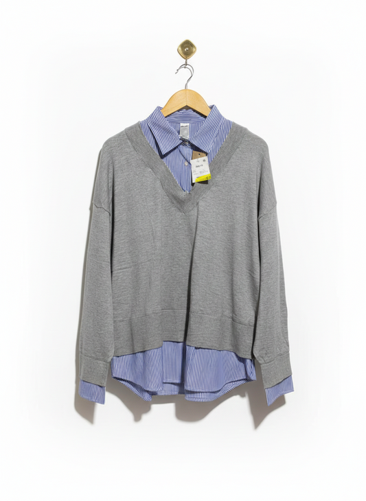 ANKO |XL| BUST 25|C9| GREY V-NECK SWEATER WITH STRIPED SHIRT INSERT